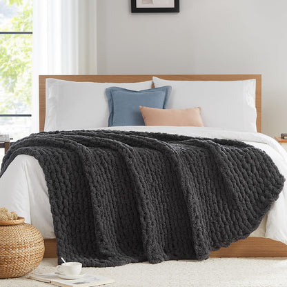 L'AGRATY Chunky Knit Throw Blanket for Couch, 50'' x 60'' Knit Throw, Ivory