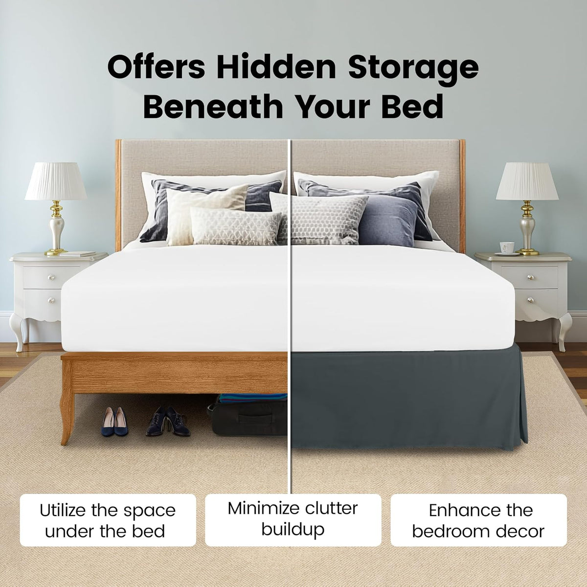 Queen Size Pleated Bed Skirt, Hides Under-Bed Storage 16 Inch Drop, Grey