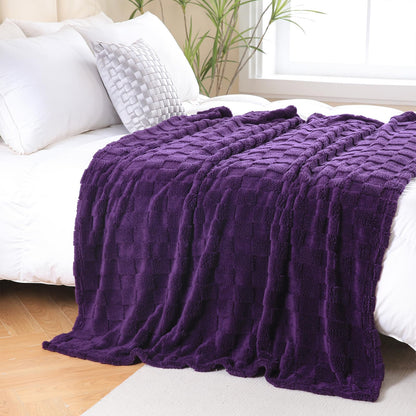 Deep Purple Fleece Throw Blanket 50”×60”Checkered Design for Couch