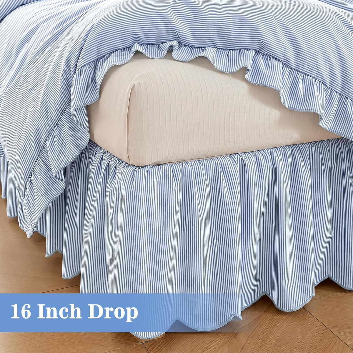 Striped Bed Skirt, Queen Size 16" Drop, Scallop Dust Ruffle, Blue