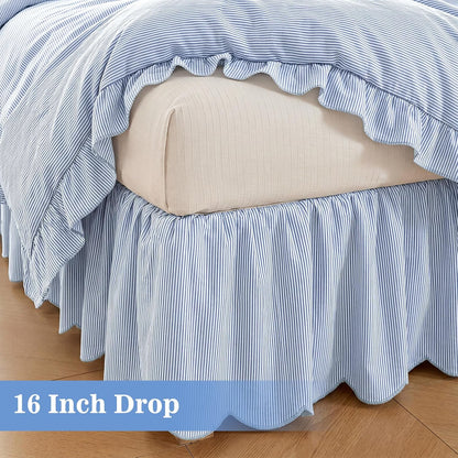 Striped Bed Skirt, Queen Size 16" Drop, Scallop Dust Ruffle, Blue