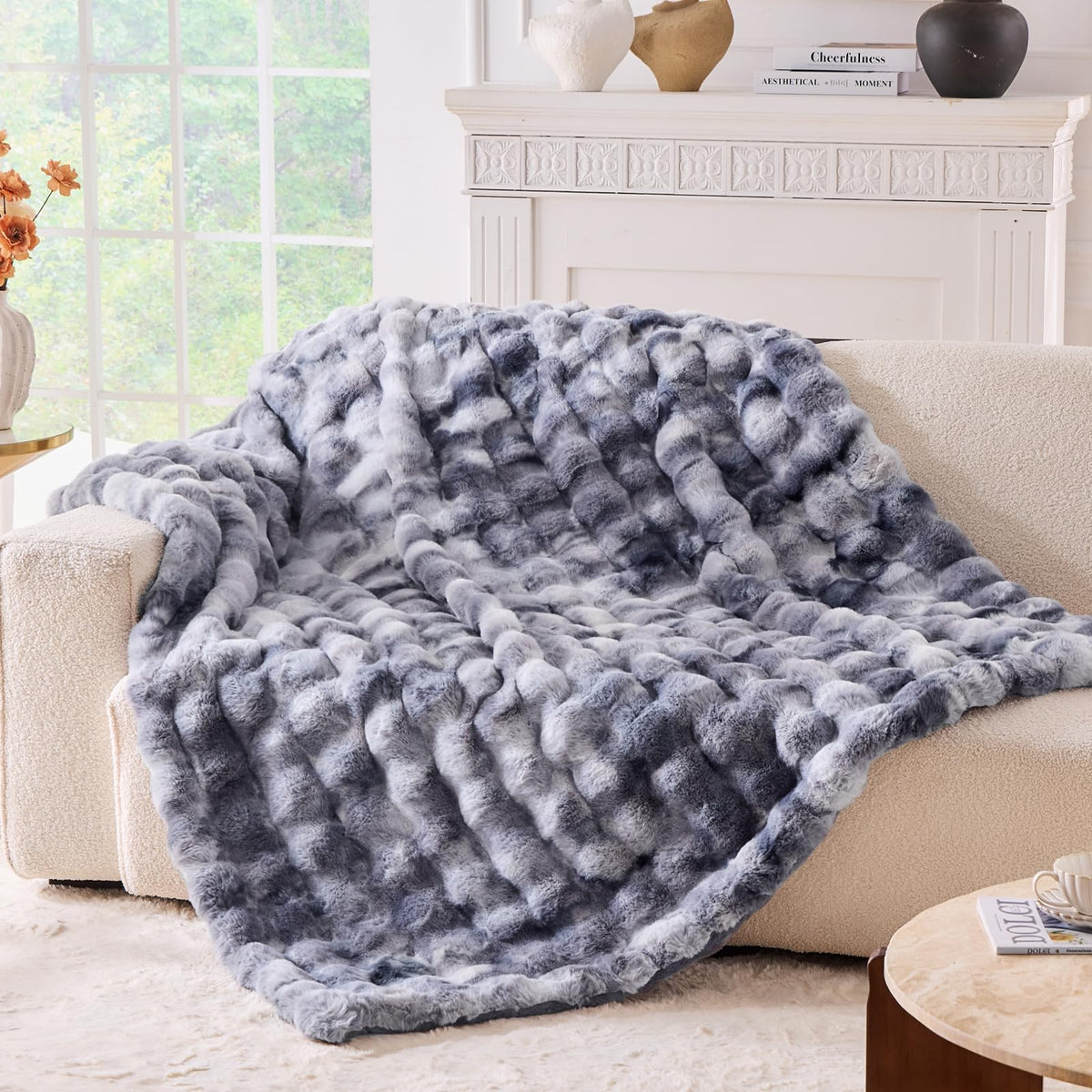 BENVWE Faux Fur Throw Blanket for Couch - Cozy Plush Fluffy Soft Thick Bubble Blanket for Living Room Home Decor - Mothers Day Birthday Gifts for Women, Cream White, 51" x 63"