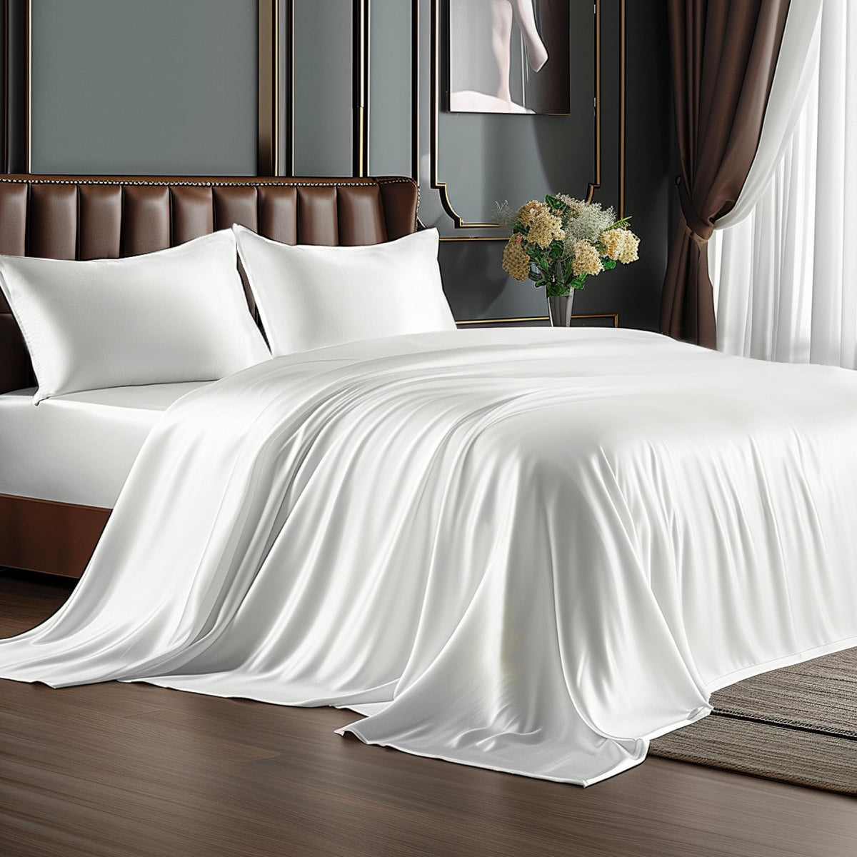 BEDELITE Satin Sheets Queen Size Bed Set, Black, 4 Pieces