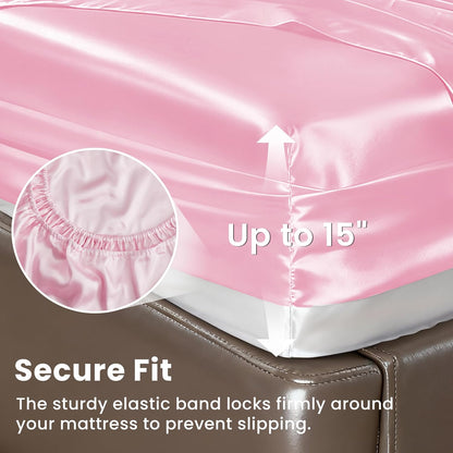 Love's cabin Satin Queen Sheets Set, 4 Pieces, Pink, 15" Deep Pocket