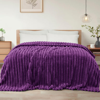 Exclusivo Mezcla Striped Fleece Throw Blanket for Couch, Sofa, Navy Blue