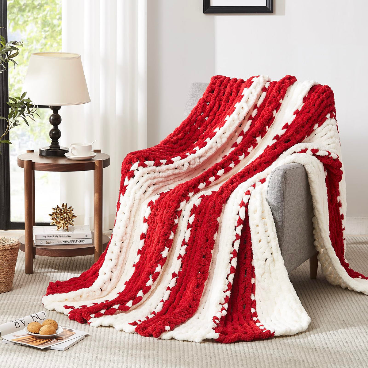 L'AGRATY Chunky Knit Throw Blanket for Couch, 50'' x 60'' Knit Throw, Ivory