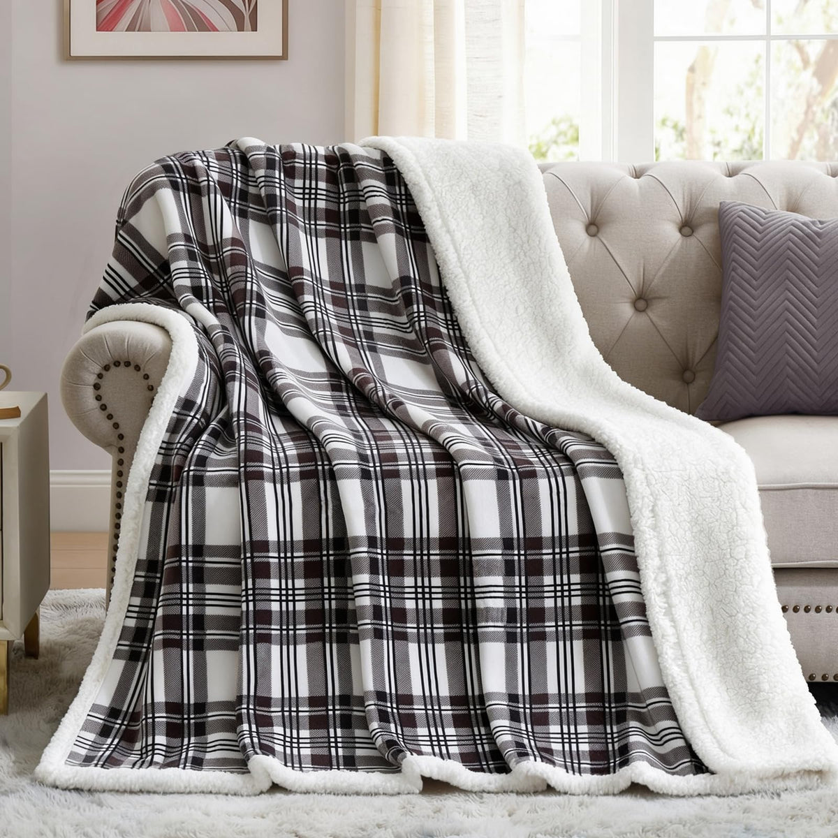 PU MEI Sherpa Fleece Throw Blanket 60" x 80" Reversible Plush Fluffy Large Big Blanket Lattice Flannel Blankets for Sofa Couch Bed (Grey-Soft Blue, 60"*80")