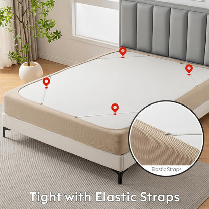 MIYE Jacquard Fabric Box Spring Cover,Super Stretchy Wrap Around 4 Sides Elastic Bed Skirt,Wrinkle & Fading Resistant,Washable & Easy Fit. (Cream, Queen)