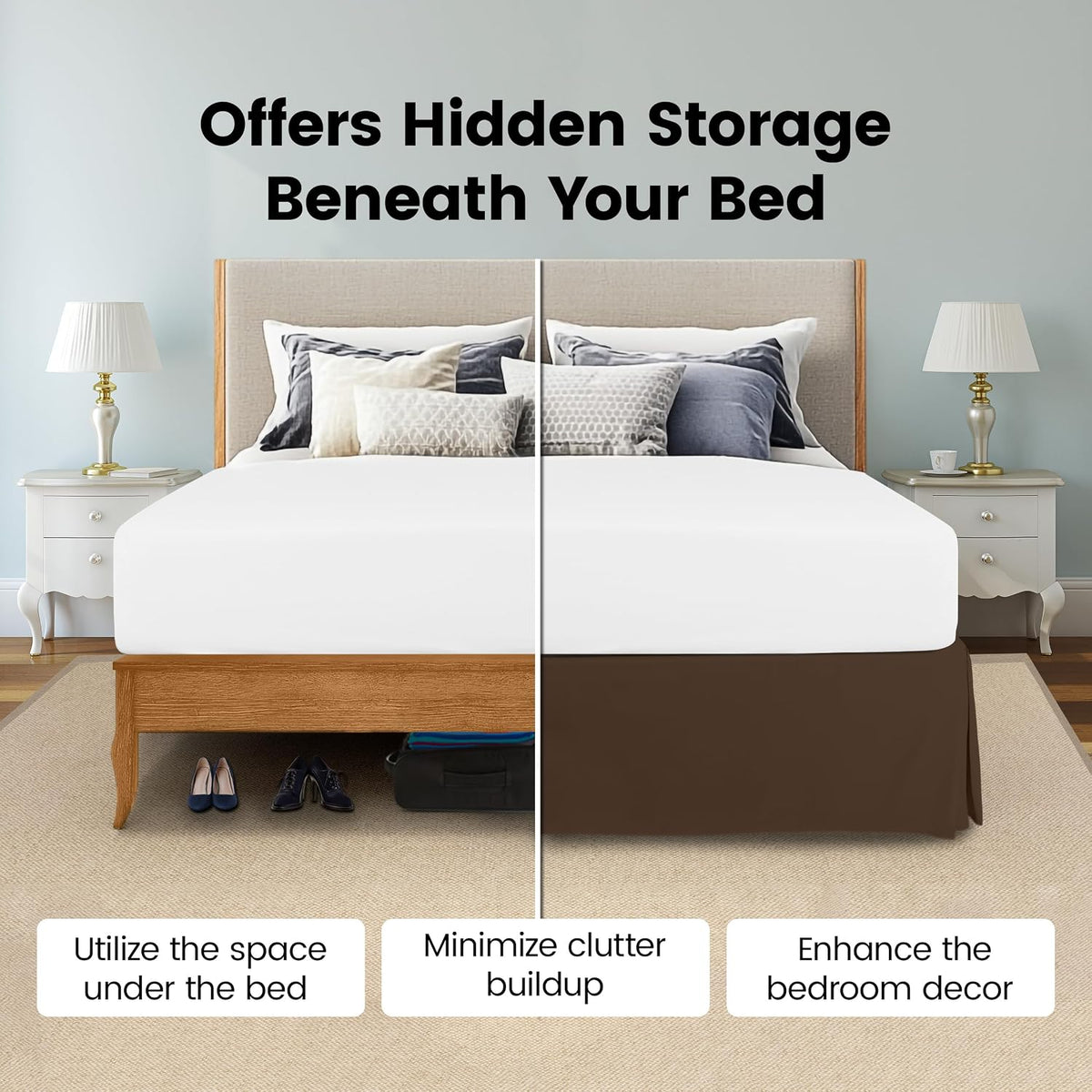 Queen Size Pleated Bed Skirt, Hides Under-Bed Storage 16 Inch Drop, Brown