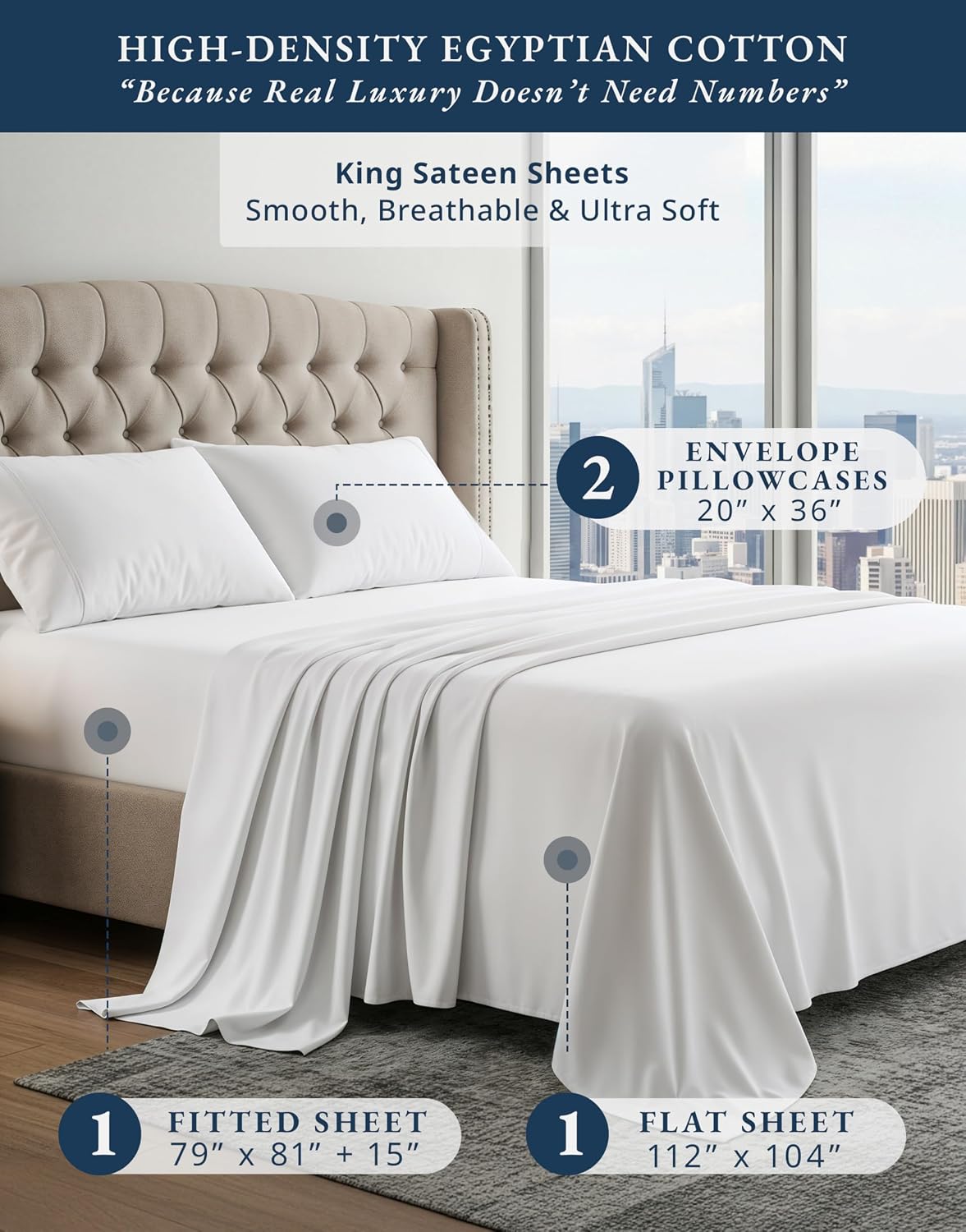 LANE LINEN 100% Egyptian Cotton Sheets King Size Silky Sateen Weave - White