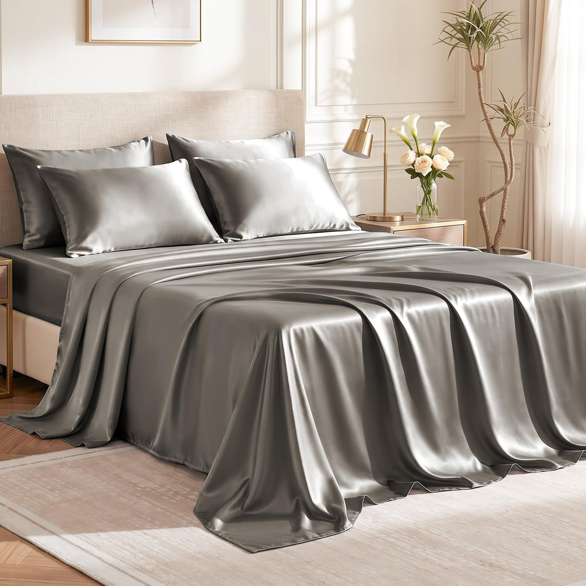 Love's cabin Satin Queen Sheets Set, 4 Pieces, Pink, 15" Deep Pocket