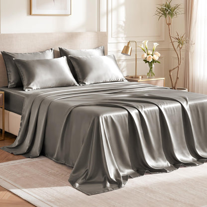 Love's cabin Satin Queen Sheets Set, 4 Pieces, Pink, 15" Deep Pocket