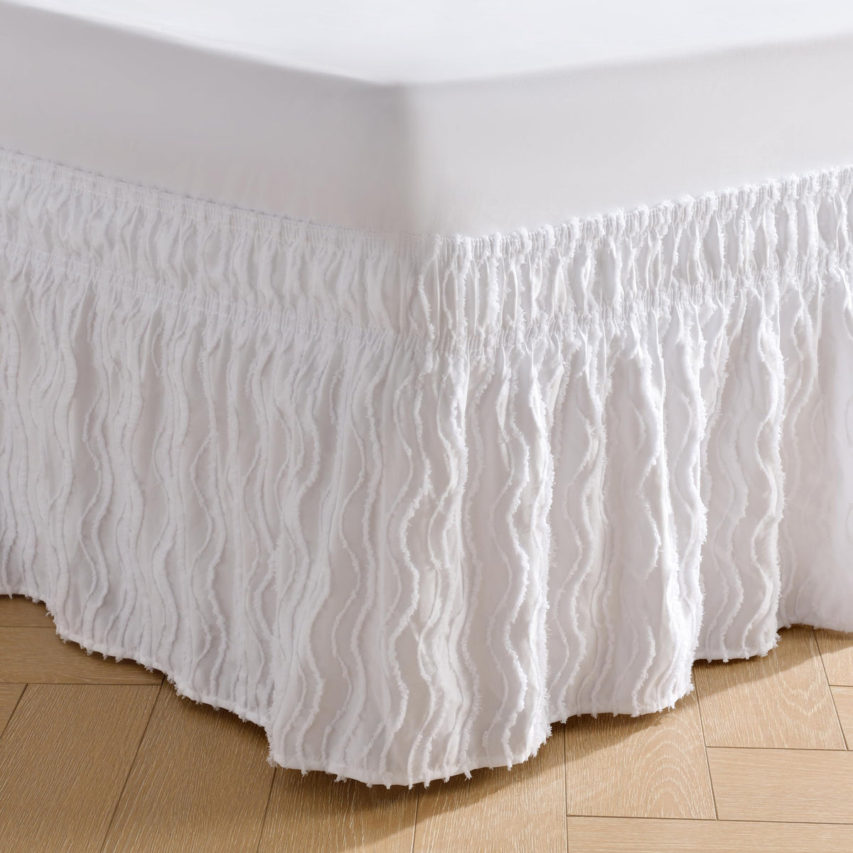 MIYE Wrap Around Ruffled Lace Bed Skirt, Elastic Dust Ruffle with Adjustable Belts, Easy to Put On, Bed Frame Cover, Machine Washable (Floral Lace/White, King/Queen-15 Drop)