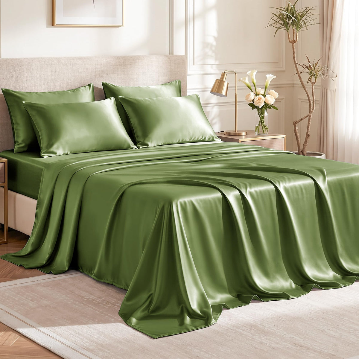 Love's cabin Satin Queen Sheets Set, 4 Pieces, Pink, 15" Deep Pocket