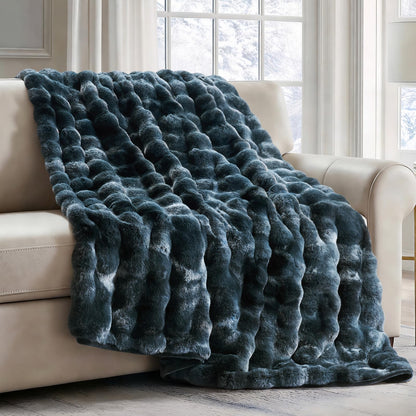 EverGrace Faux Rabbit Fur Bubble Throw Blanket, 60"x80", Ivory White