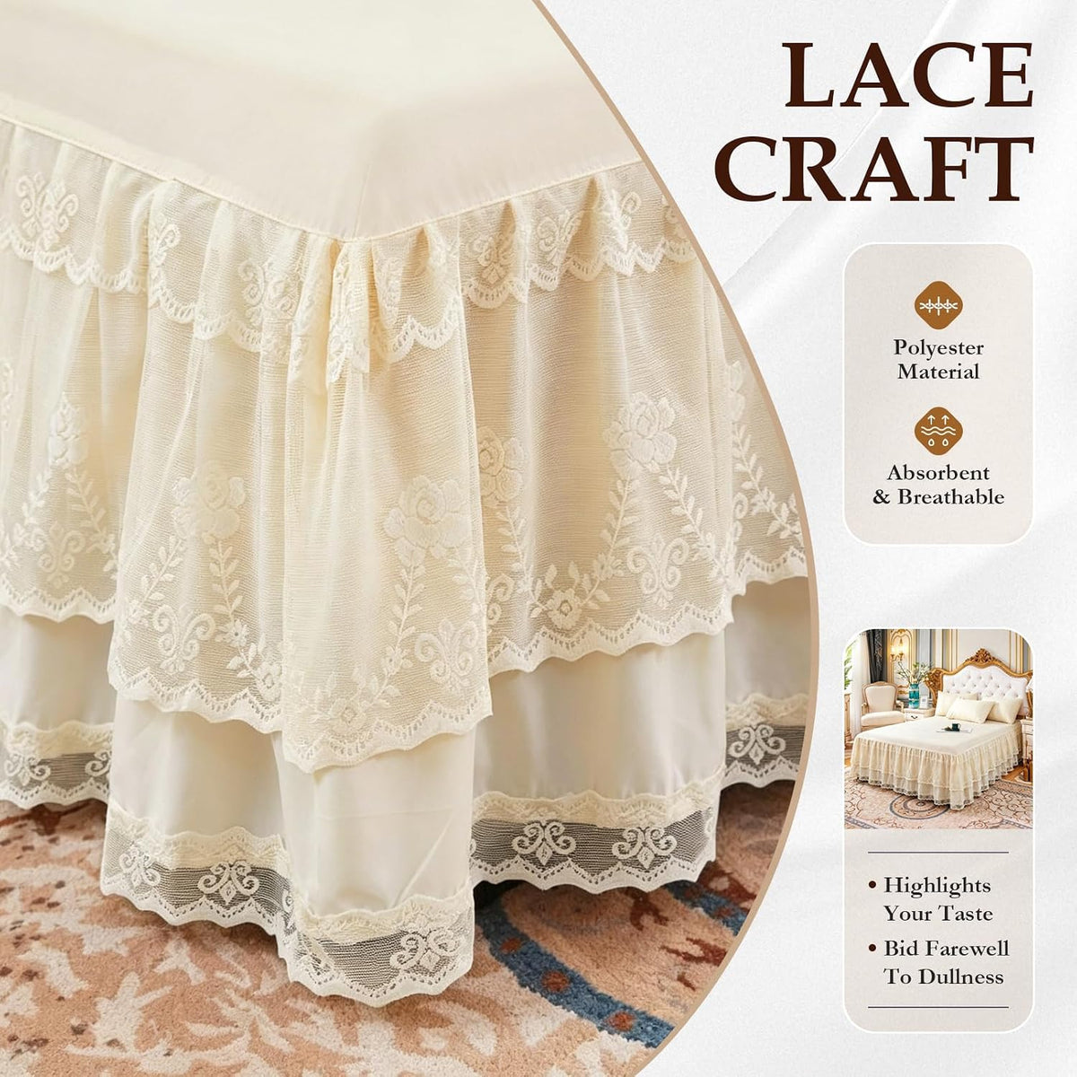 Knitted Lace Bed Skirt for Full Bed - 17" Drop, Wrap Around Bedskirt with Platform, Dust Ruffle Dorm Room Bedskirts