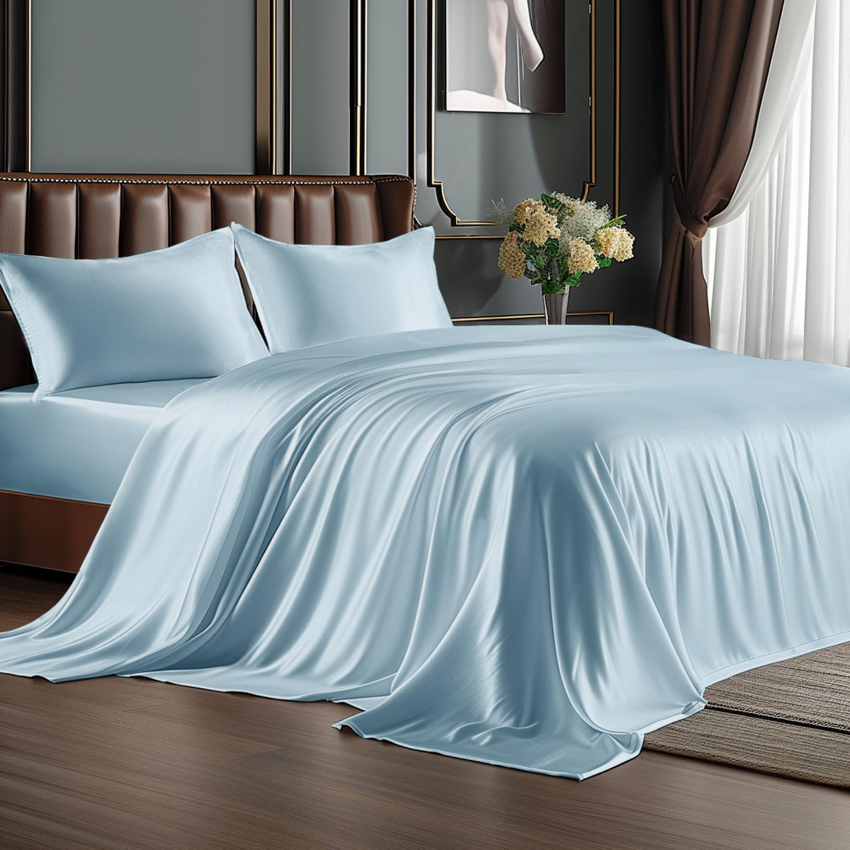 BEDELITE Satin Sheets Queen Size Bed Set, Black, 4 Pieces