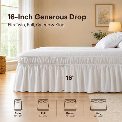Juwenin Home Wrap Around Ruffle Bed Skirt, 16 Inch Drop, Elastic Fit, Wrinkle Resistant, Hotel Quality Bedskirt Dust Ruffle (White, Queen 16" Drop)