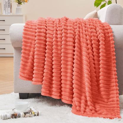BEDELITE 3D Ribbed Jacquard Pink Fleece Throw Blanket for Couch, 50x60 Inch