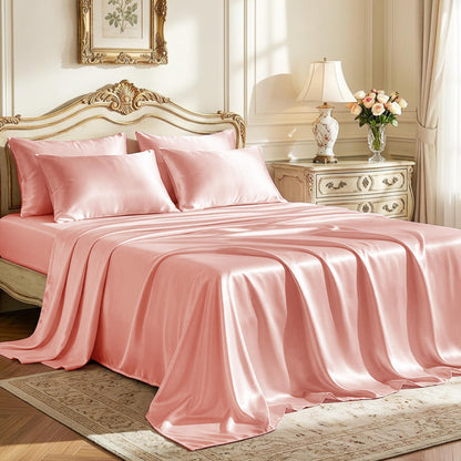 Love's cabin Satin Queen Sheets Set, 4 Pieces, Pink, 15" Deep Pocket