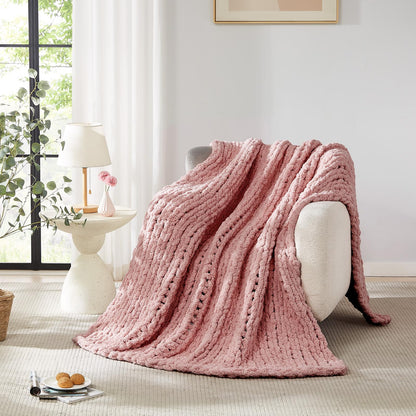 L'AGRATY Chunky Knit Throw Blanket for Couch, 50'' x 60'' Knit Throw, Ivory