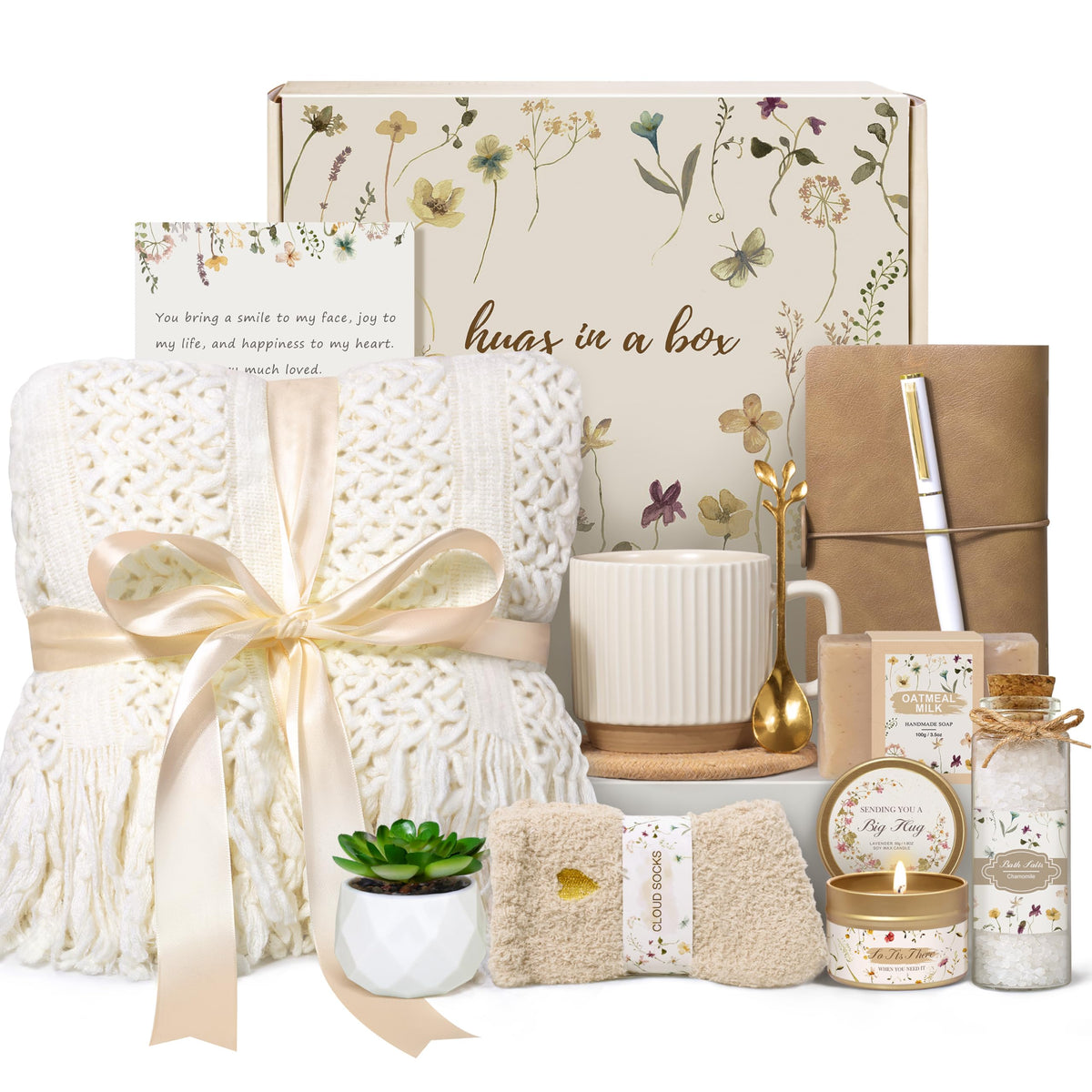 Birthday Gifts for Women, Get Well Soon Self Care Package Box, Sending Hug Baskets Thinking of You Inspirational Gift for New Mom Best Friend Birthday (Ivory)