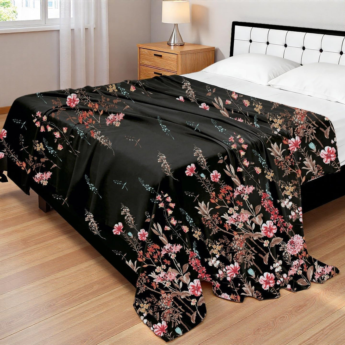 MAG Floral Flat Sheet Queen Size 90" x 100", Black & Pink Flower Printed Top Sheet Only, Soft Microfiber Lightweight for Women, Men, Teens on Bedroom Guest Room.
