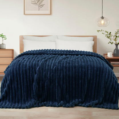 Exclusivo Mezcla Striped Fleece Throw Blanket for Couch, Sofa, Navy Blue