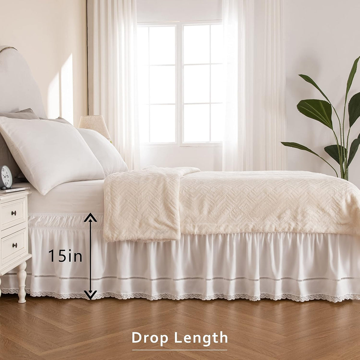 MIYE Wrap Around Ruffled Lace Bed Skirt, Elastic Dust Ruffle with Adjustable Belts, Easy to Put On, Bed Frame Cover, Machine Washable (Floral Lace/White, King/Queen-15 Drop)