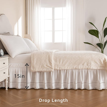 MIYE Wrap Around Ruffled Lace Bed Skirt, Elastic Dust Ruffle with Adjustable Belts, Easy to Put On, Bed Frame Cover, Machine Washable (Floral Lace/White, King/Queen-15 Drop)