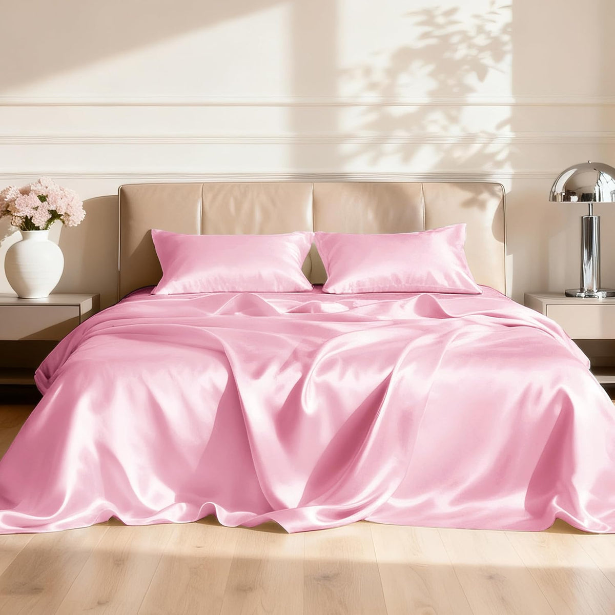 Love's cabin Satin Queen Sheets Set, 4 Pieces, Pink, 15" Deep Pocket