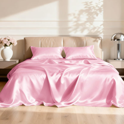 Love's cabin Satin Queen Sheets Set, 4 Pieces, Pink, 15" Deep Pocket