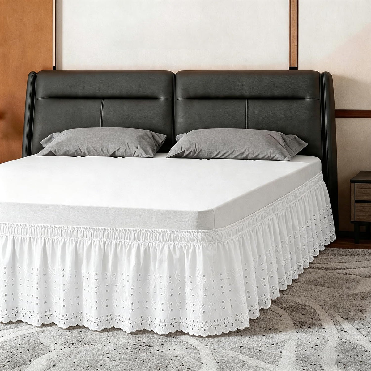 ANARACHON Full Bed Skirt, Wrap-Around Elastic Ruffled Eyelet Bed Skirt Full Size Dust Ruffle with Gathered Styling and Embroidered Details, 18" Drop Length (White)