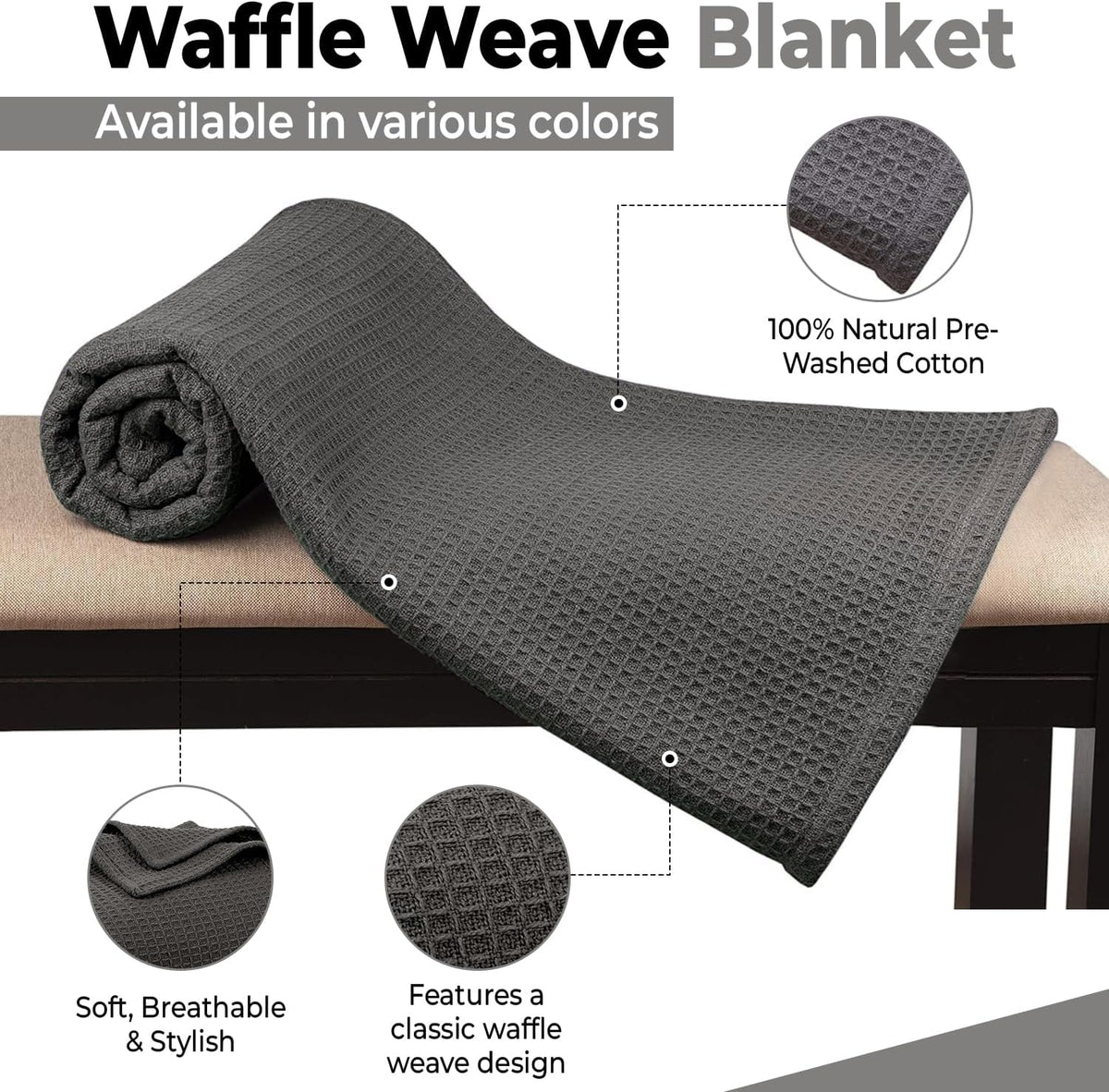 100% Cotton Blankets for Bed - Waffle Weave Blankets for Summer, Lightweight and Breathable Soft Woven Blanket for Spring (Dark Grey, Queen (90" x 90"))