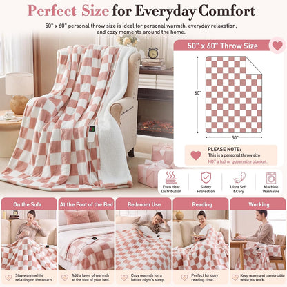 Pink Heated Blanket Electric Throw 50"X60", Heating Blanket Throw