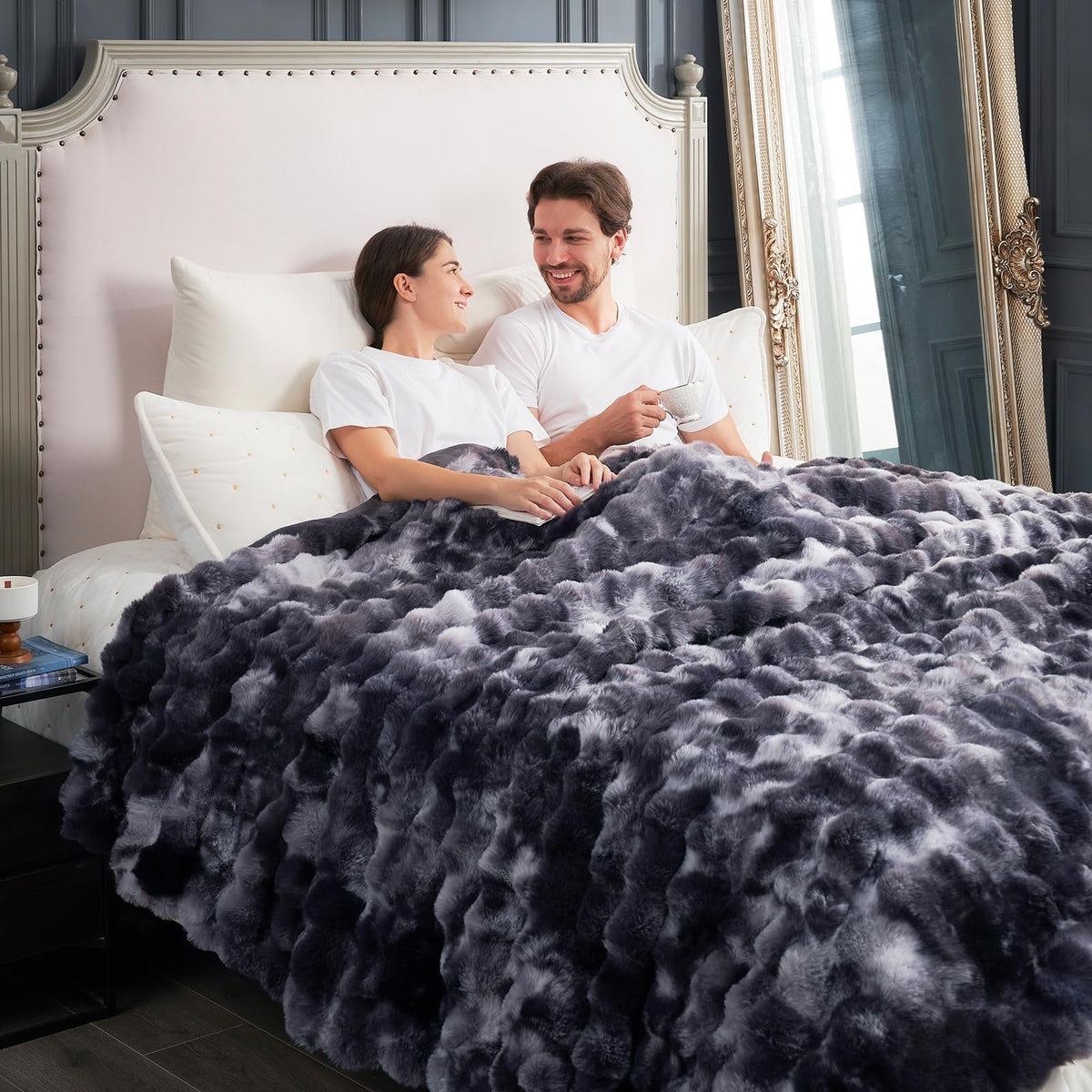 Cozy Bliss Faux Fur Throw Blanket for Couch, Fuzzy Soft Plush Thick Bubble Blanket for Sofa Bedroom Living Room, 50 * 60 Inches Tie-dye Taupe