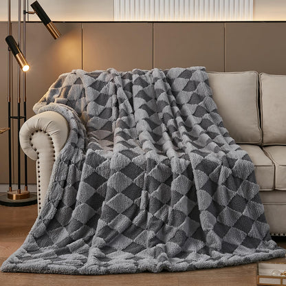 PU MEI Sherpa Fleece Throw Blanket 60" x 80" Reversible Plush Fluffy Large Big Blanket Lattice Flannel Blankets for Sofa Couch Bed (Grey-Soft Blue, 60"*80")