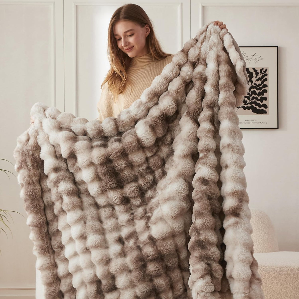 COOVA Soft Bubble Faux Fur Throw Blanket, 50"x60", Tie-dye Brown