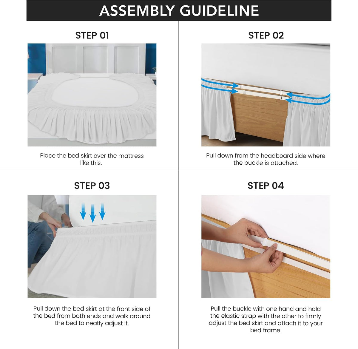 Wrap Around Queen Bed Skirt, Easy Fit Elastic Belt, 16 Inch Drop, White