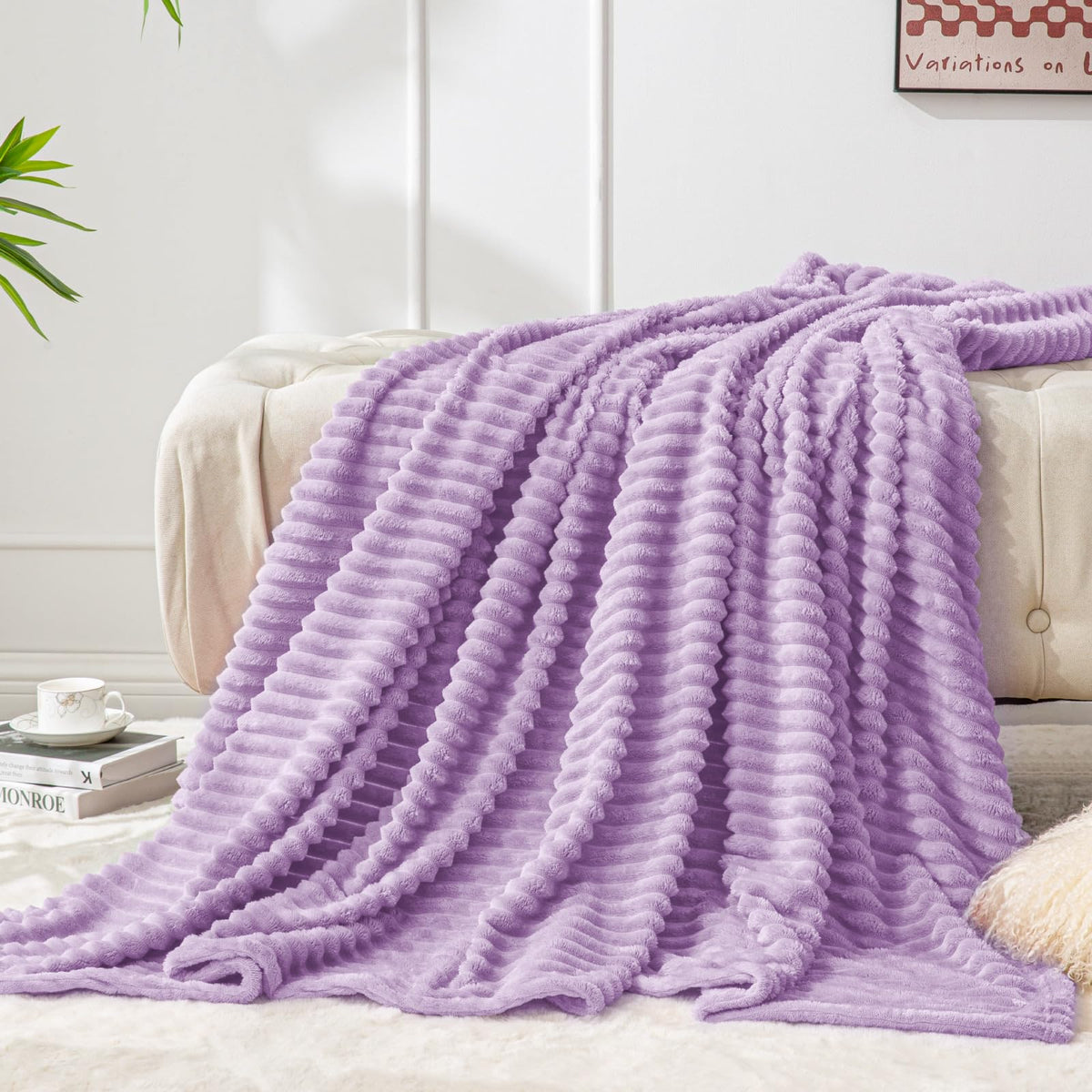 BEDELITE 3D Ribbed Jacquard Pink Fleece Throw Blanket for Couch, 50x60 Inch