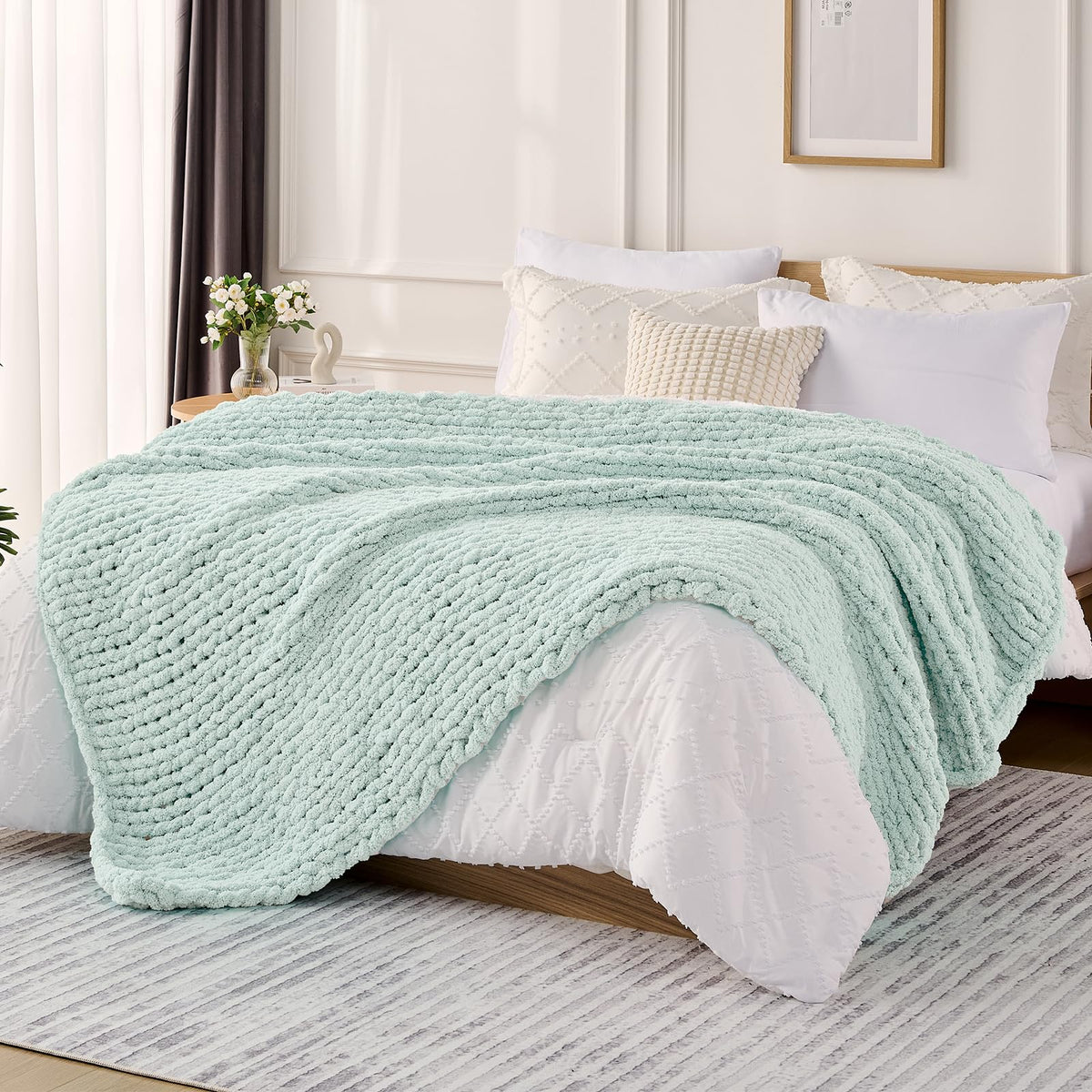 L'AGRATY Chunky Knit Throw Blanket for Couch, 50'' x 60'' Knit Throw, Ivory