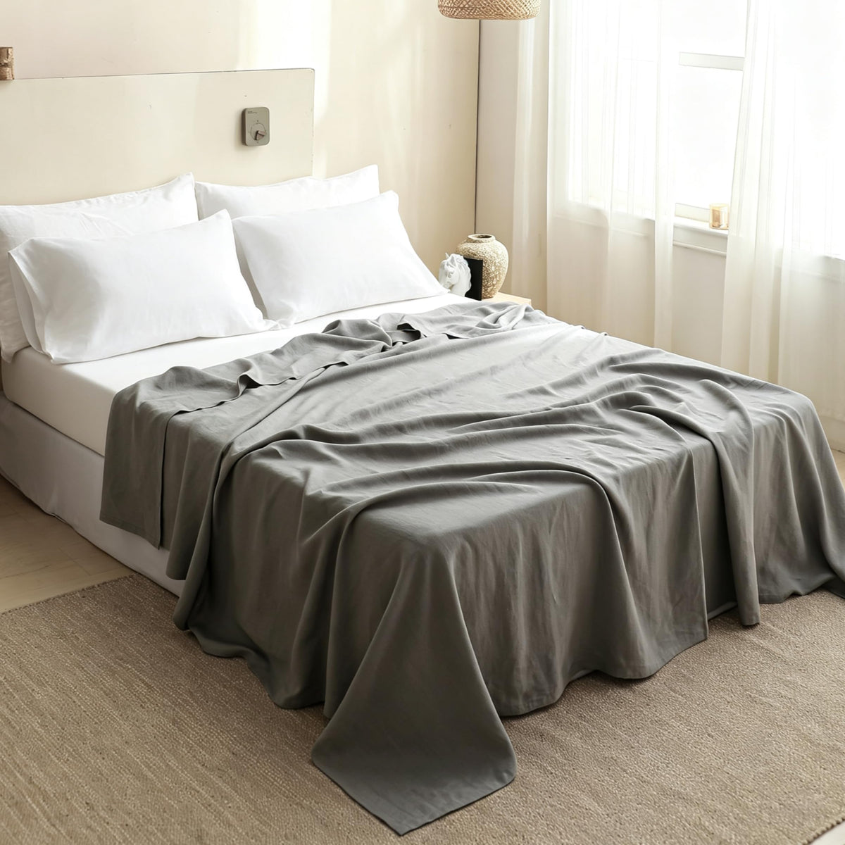 Simple&Opulence French Linen Flat Sheet with Embroidered Border-100% Stone Washed Flax Bedding,King Size(108''x102'') Ultra Soft,Breathable Flat Top Sheet-1 Piece Bed Flat Sheet Only(Linen)