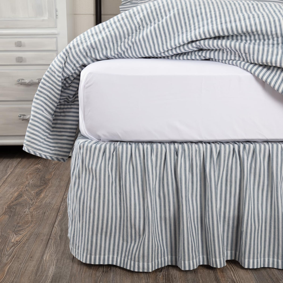 VHC Brands Sawyer Mill Ticking Striped Cotton Farmhouse Split Corners Gathered King Bed Skirt, 78x80x16, Charcoal Dark Creme White