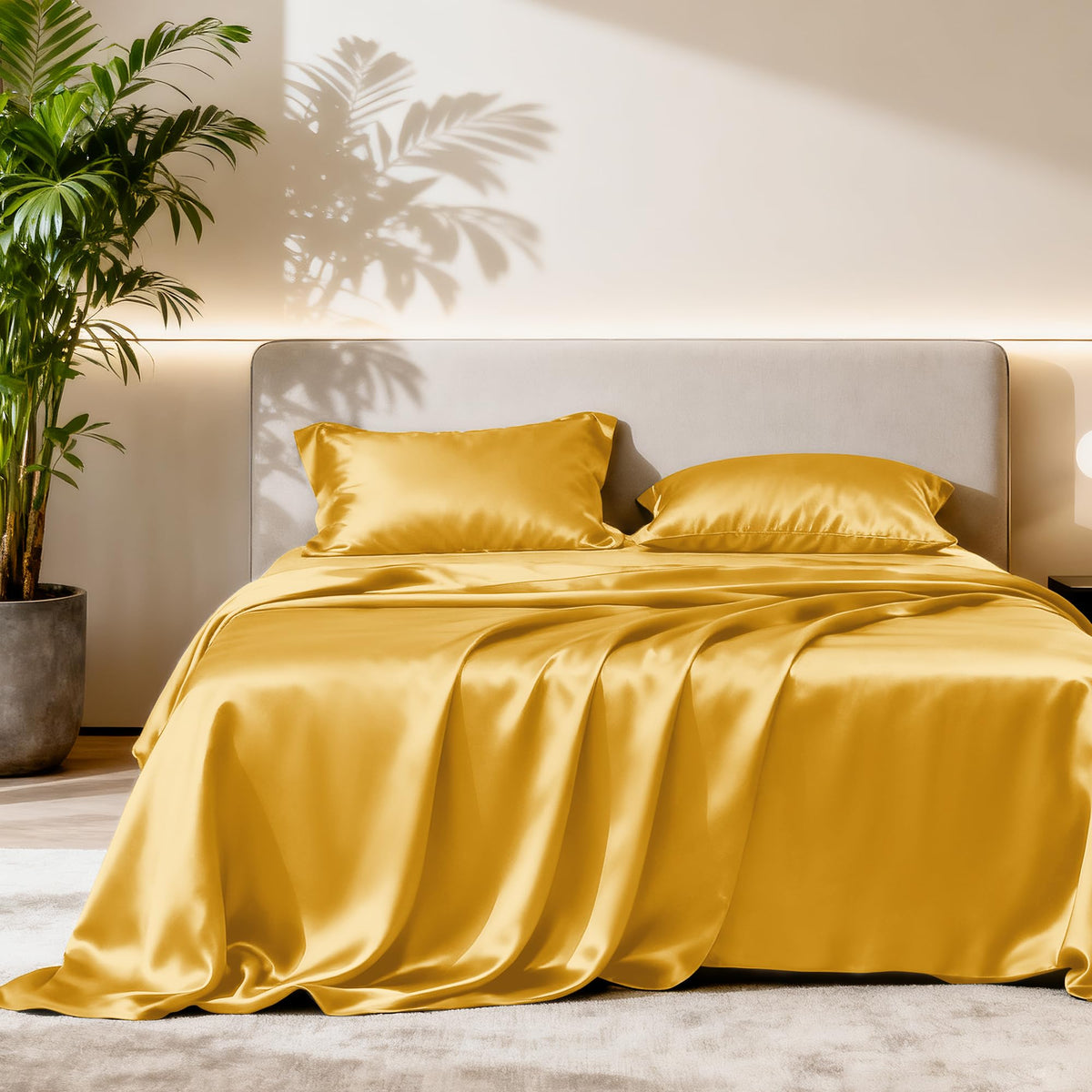 Love's cabin Satin Queen Sheets Set, 4 Pieces, Pink, 15" Deep Pocket