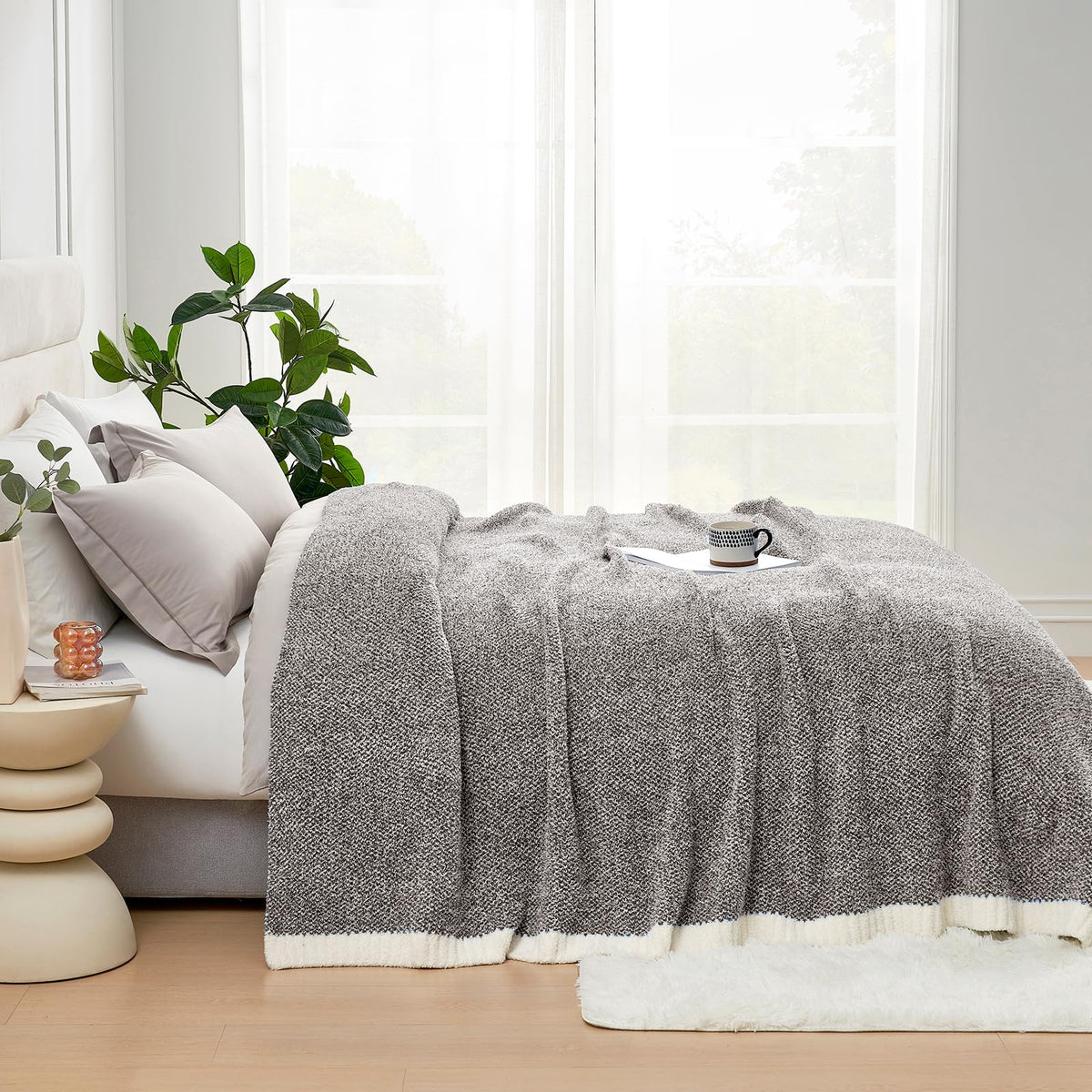 Snuggle Sac Buttery Ivory Throw Blanket for Couch, Reversible Super Soft Knitted Blankets, Warm Cozy Knit Fuzzy Plush Lightweight Throws Dupes for Sofa, Bed, Picnic, Ivory, 50 x 60 inches
