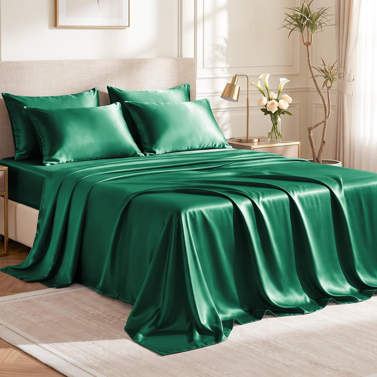 Love's cabin Satin Queen Sheets Set, 4 Pieces, Pink, 15" Deep Pocket