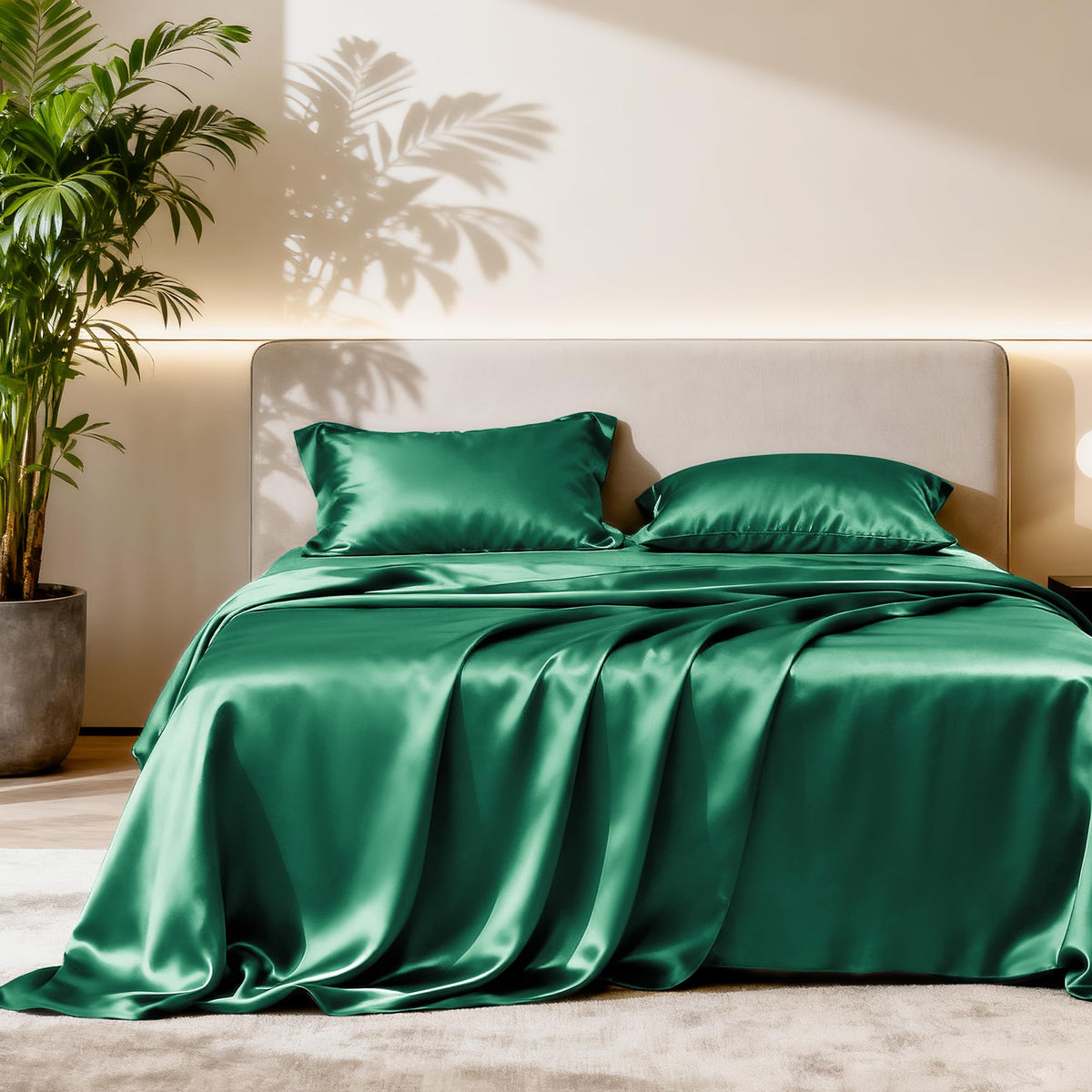 Love's cabin Satin Queen Sheets Set, 4 Pieces, Pink, 15" Deep Pocket