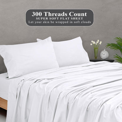 Royale Linens 300 Thread Count 100% Cotton Queen Flat Sheet Only - Super Soft Flat Sheets Only - Top Sheet Sold Separately - Breathable, Cool & Crisp White Flat Sheet (Queen, White)