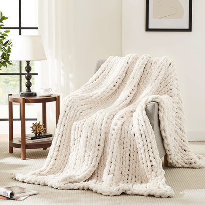 L'AGRATY Chunky Knit Throw Blanket for Couch, 50'' x 60'' Knit Throw, Ivory