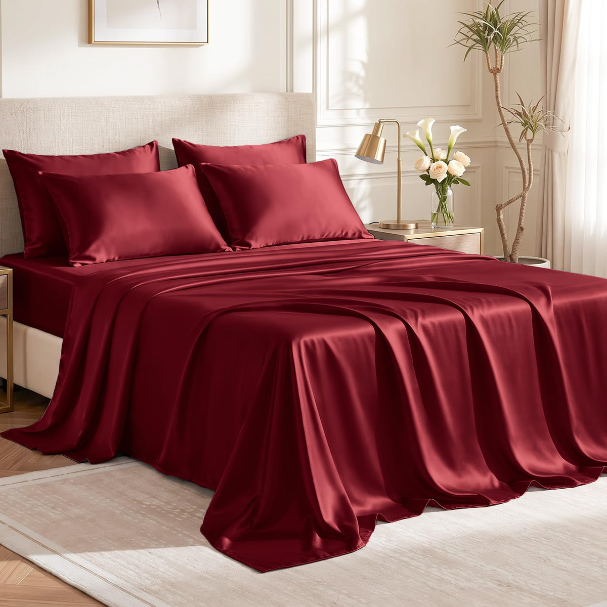 Love's cabin Satin Queen Sheets Set, 4 Pieces, Pink, 15" Deep Pocket
